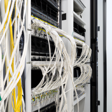 Netzwerkserver mit zahlreichen Kabeln und Anschlüssen in einem Serverraum.